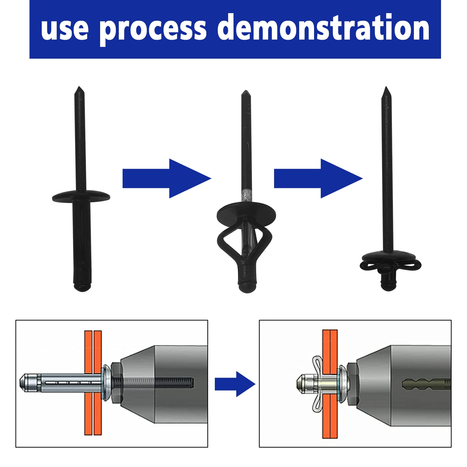 Rivetti ciechi a testa larga in alluminio con testa alta 3/16 '' * 4/5 '' con impugnatura lunga Solidi Rivetti utilizzati per industrie automobilistiche, kayak, barca a vela e mobili, 50 pezzi nero