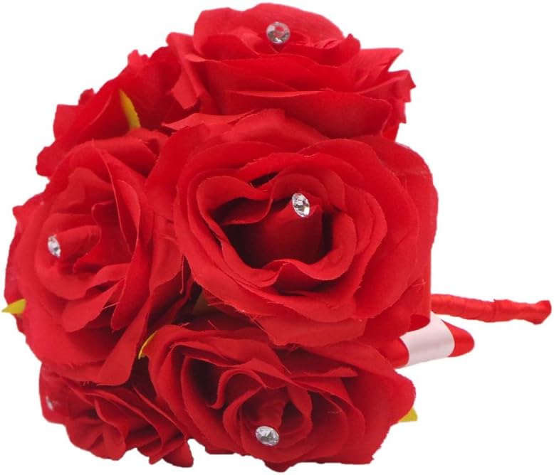 Abbie Home Handmade Bridesmaid Bouquets Rose Rhinestone Wedding Artificial Silk Flower-4pcs-Red