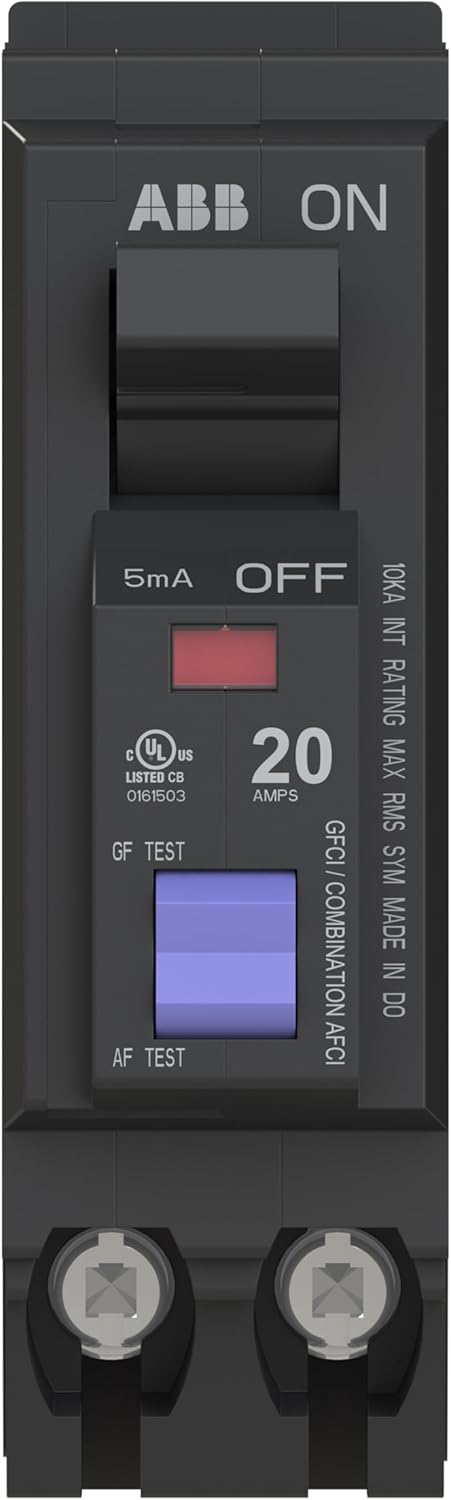 ABB Q-Line® THQL1120PDF Dual Function Circuit Breaker • 20 Amp Single-Pole Breaker • AFCI/GFCI Protection • 120/240 VAC • 10 kA Interrupt Rating • Plug-On Neutral Breaker for Load Centers