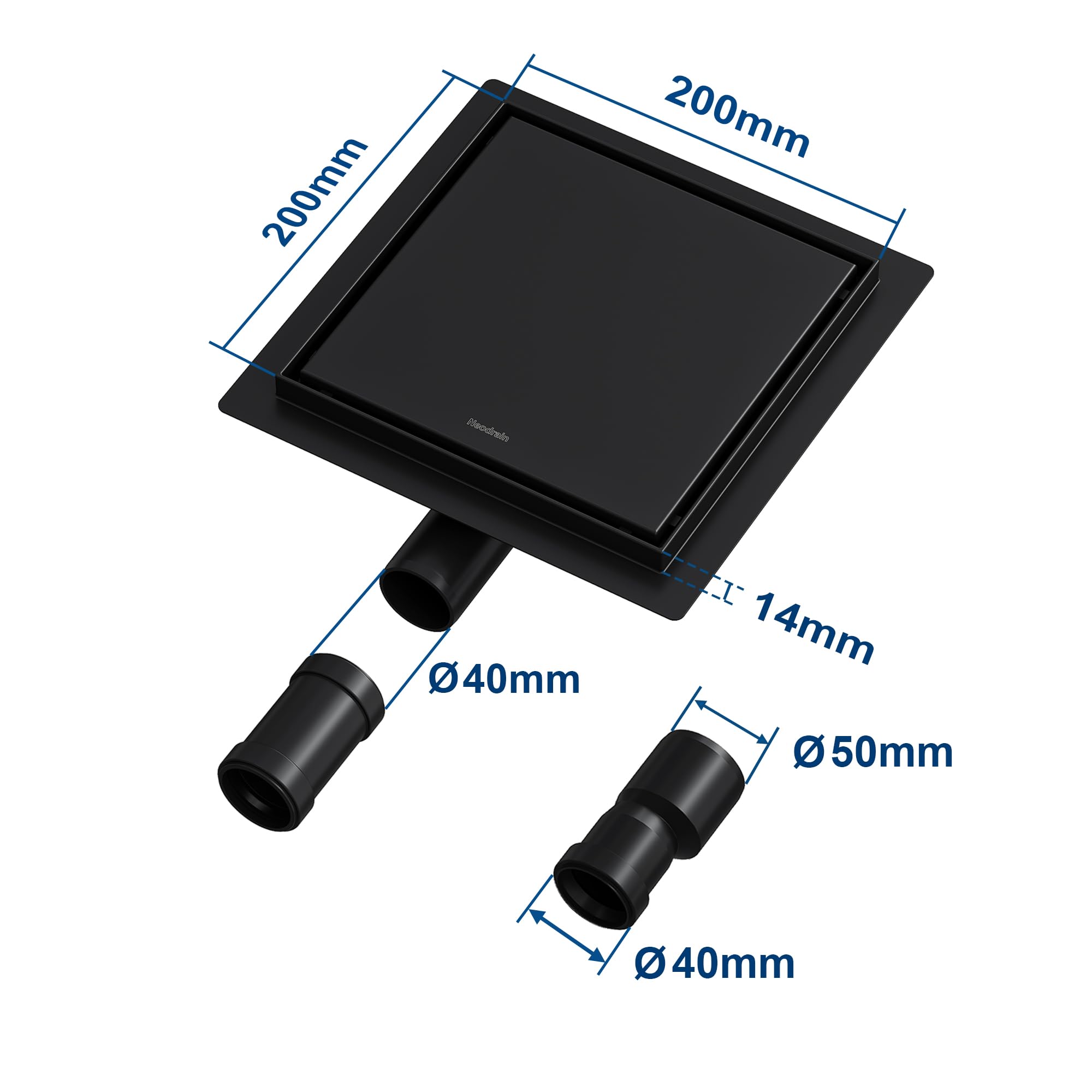 Neodrain Caniveau de douche carré en acier inoxydable noir 20 x 20 cm 2 en 1 avec siphon 360°, siphon anti-odeurs et filtre à cheveux
