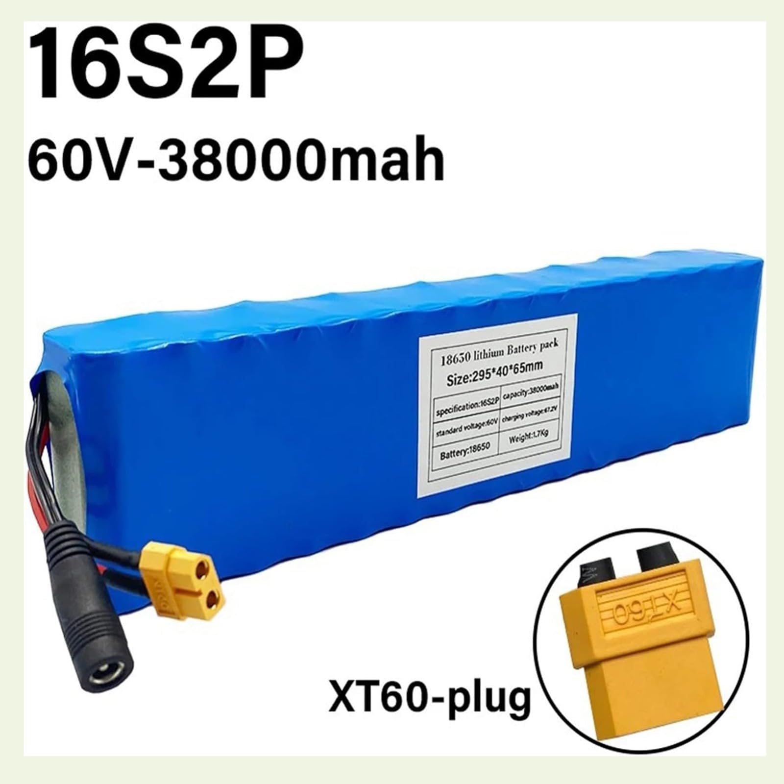 Batería De Litio Para Bicicleta Eléctrica De 60 V Y 38 Ah, 16S2P, Con Cargador, 1000 W, 800 W, 550 W, 350 W Y 200 W. 60V 38Ah,T plug