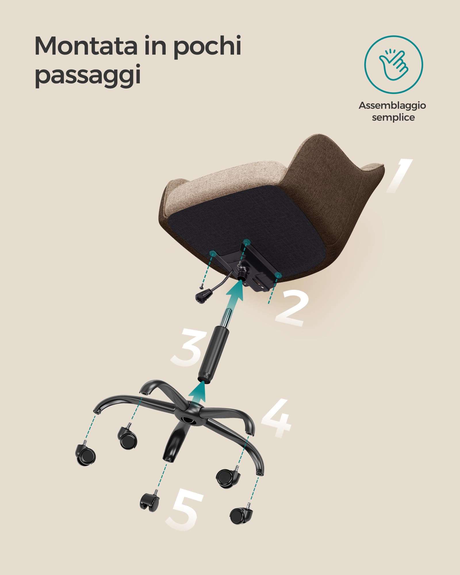 SONGMICS Sedia da Studio in Casa, Sedia Girevole, Regolabile in Altezza, Portante di 110 kg, Struttura in acciaio, Tessuto Cotone-lino Respirante, Studio, Camera da Letto, Marrone OBG019K01