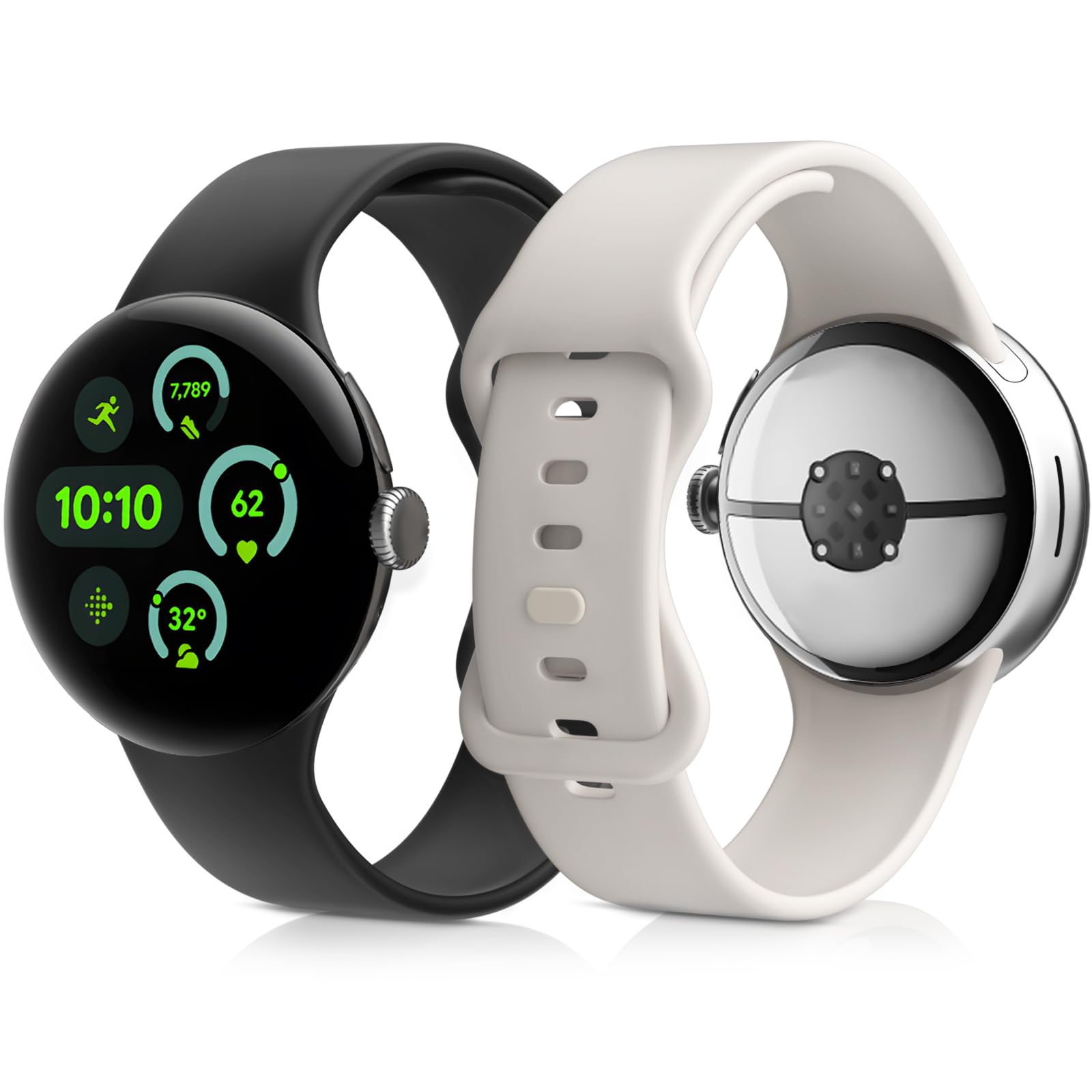 2 Pack Compatible for Google Pixel Watch 3 41mm Band, Sport Silicone Waterproof Replacement Strap for Pixel Watch 1/2/3 41mm(Black+Starlight, Large)