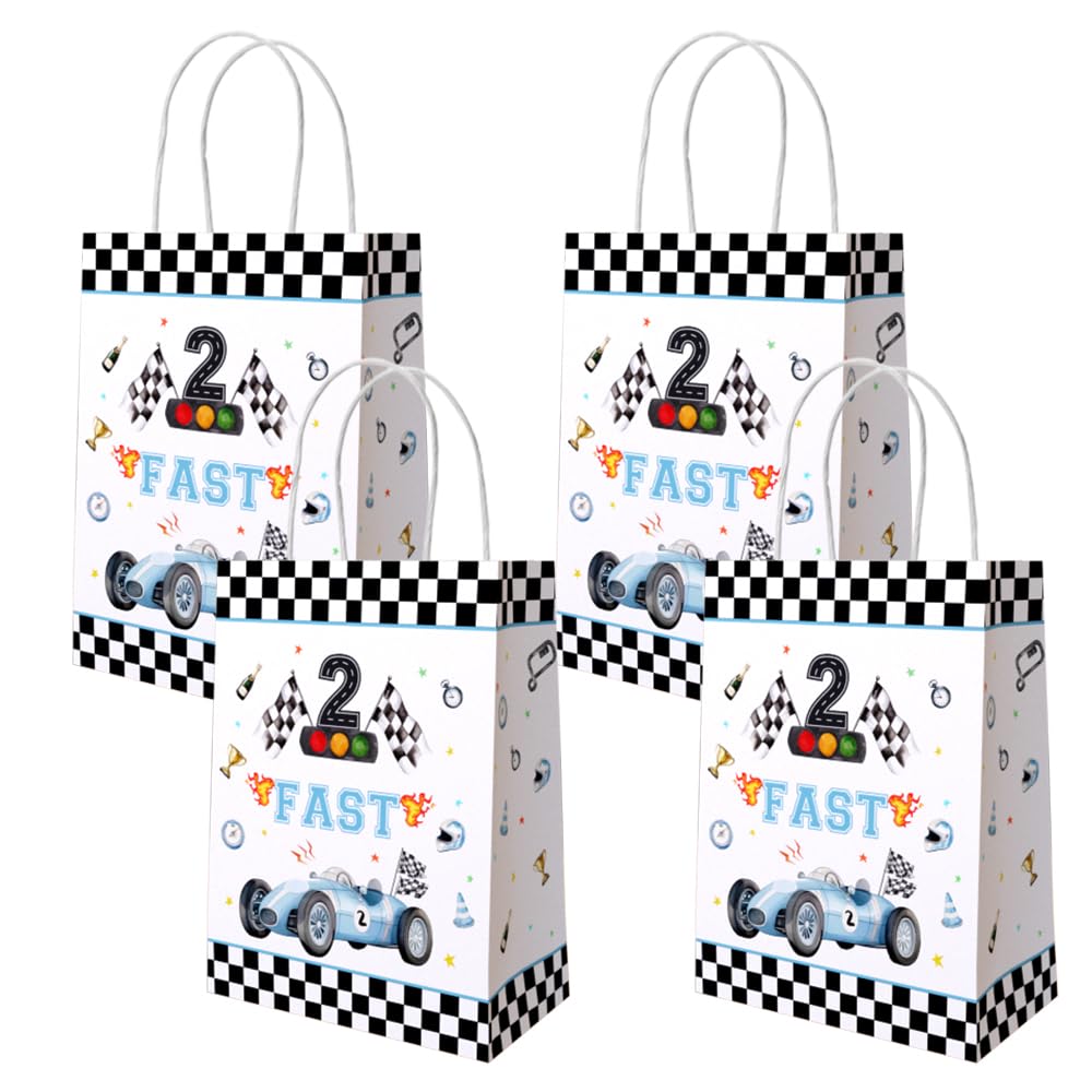 AIBIIN 24PCS Two Fast 2nd Birthday Gift Bags with Handles Dusty Blue Race Car Checkered Party Favors Race Car 2nd Birthday Goodie Treat Candy Paper