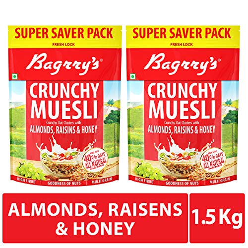 Image of Bagrry's Crunchy Muesli | 40% Fibre Rich Oats with Bran | 82% Multi Grains, Almonds, Raisins & Honey | Breakfast Cereal | Natural Muesli, 750 GM Pouch (Pack of 2)