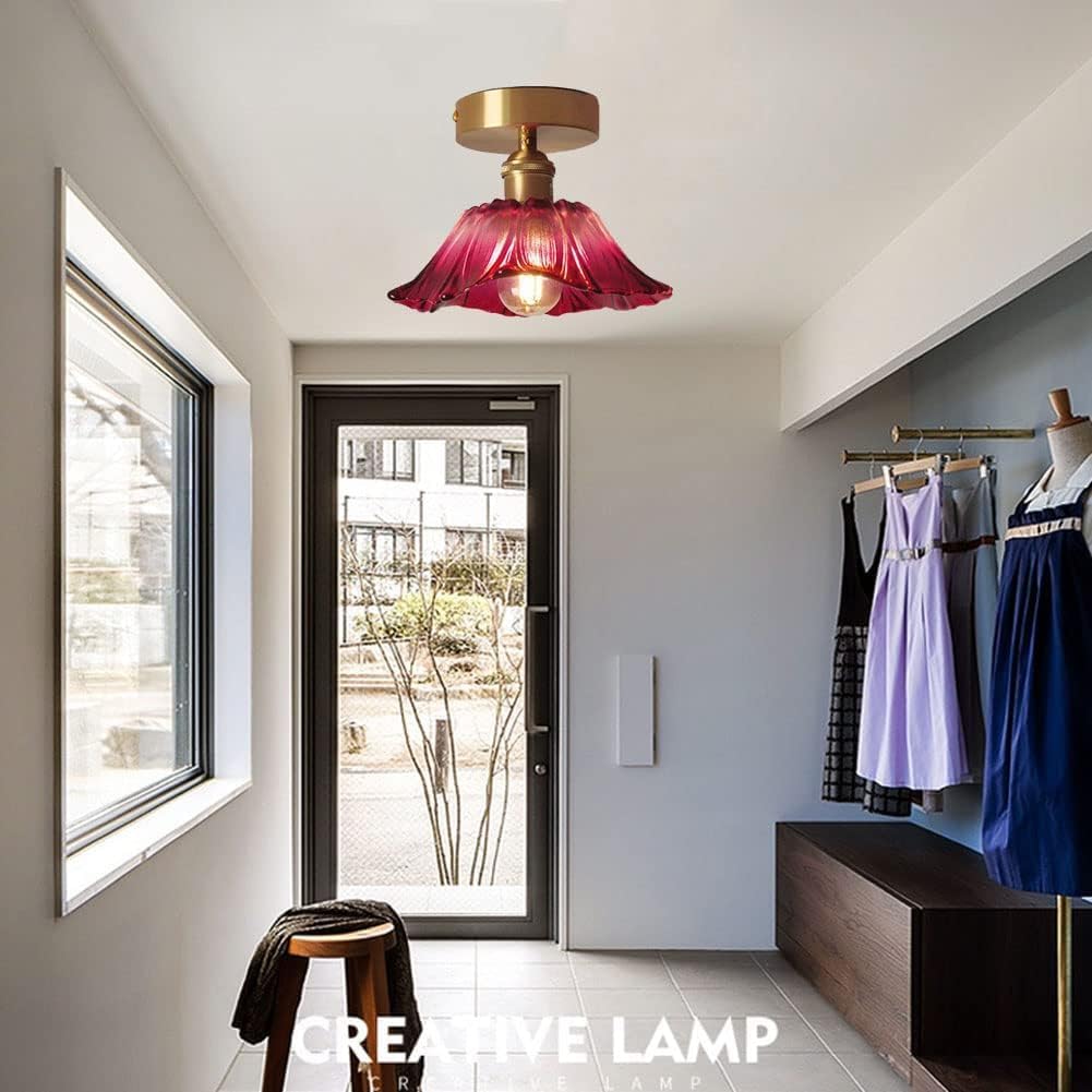 Glass Flower Ceiling Light Purple Red Hallway Light Fixtures Vintage Gold Floral Glass Semi Flush Mount Ceiling Light Farmhouse Close to Ceiling Light for Entryway Porch Bathroom Balcony