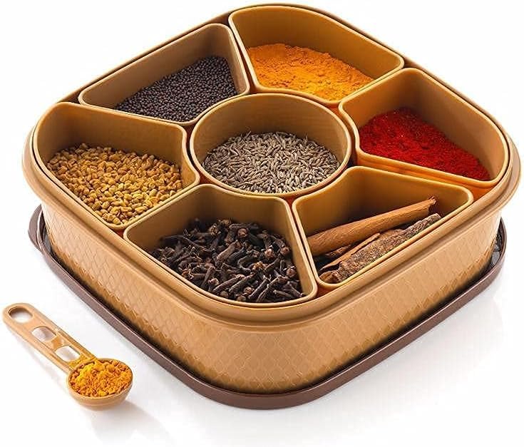 Multifunctional Plastic Square Shape 7 in 1 Classic Look Masala Rangoli Dabba Spice Box Set Ideal for Home and Kitchen (Brown)