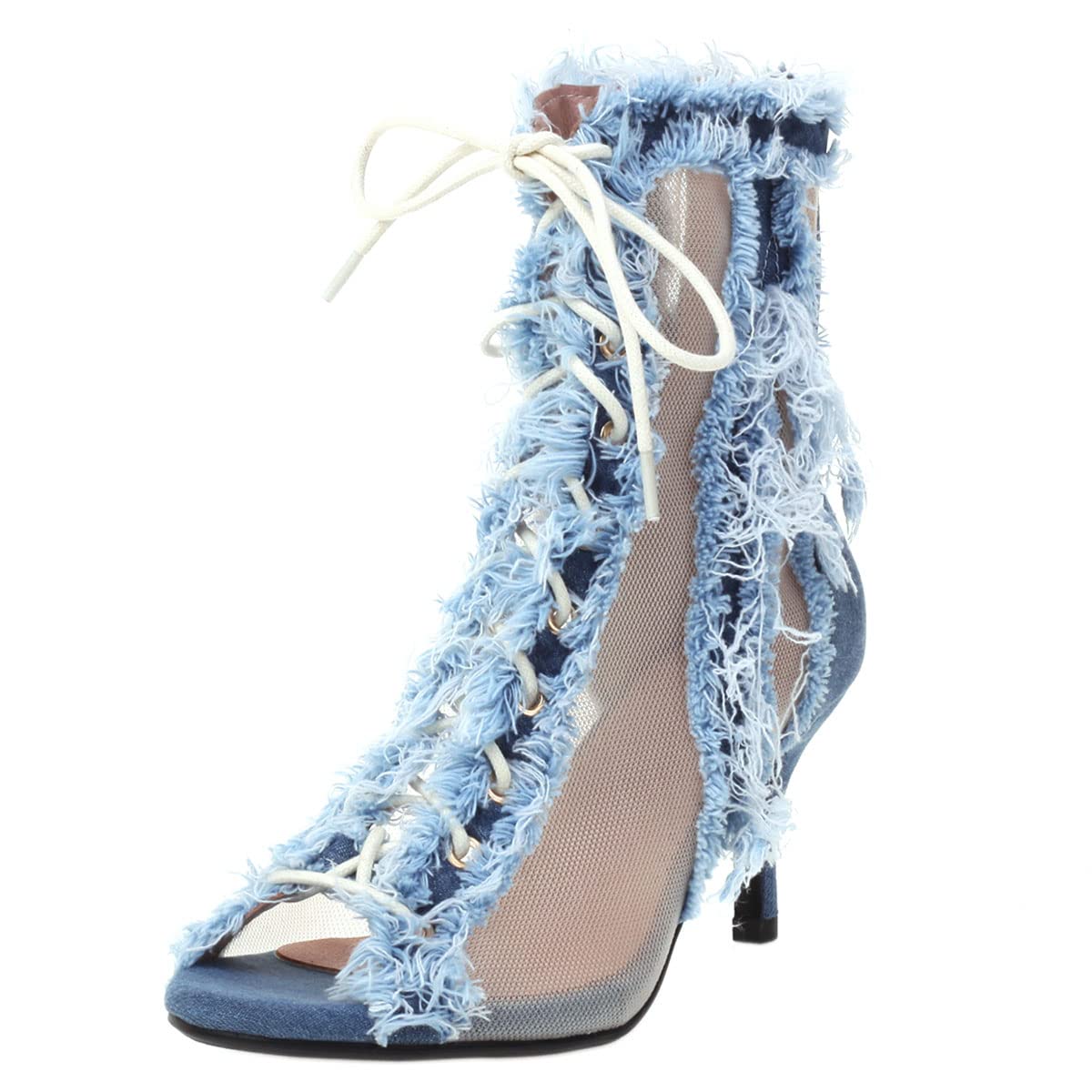 SHEMEE Women's Denim Patchwork Mesh Peep Toe High Heels Sandals Booties Lace Up Summer Open-toe Back Zipper Short Ankle Boots