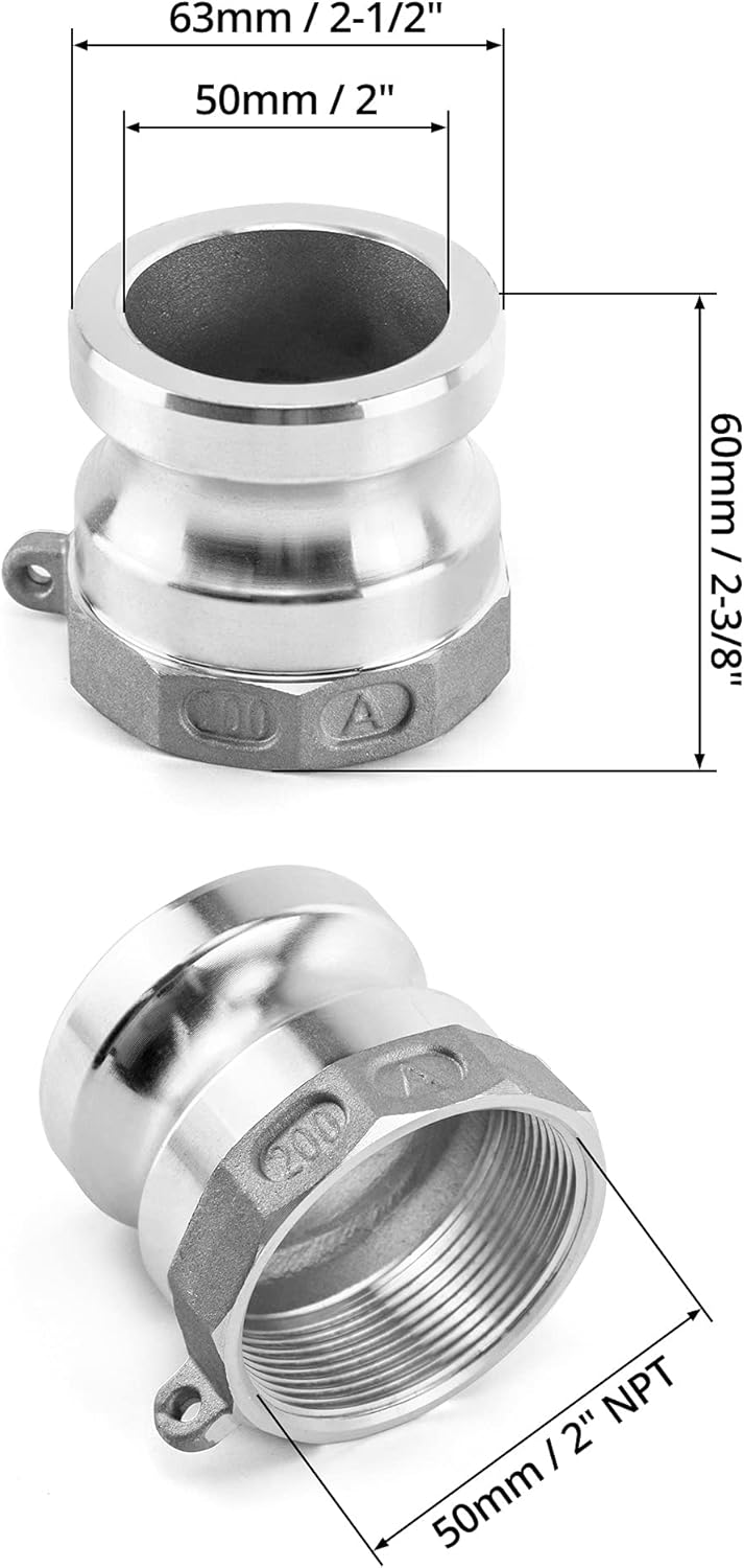 QWORK Camlock House Fitting, 2 Pack Aluminum Type A Cam and Groove Hose Fitting, 2" Plug x 2" NPT Female : Industrial & Scientific