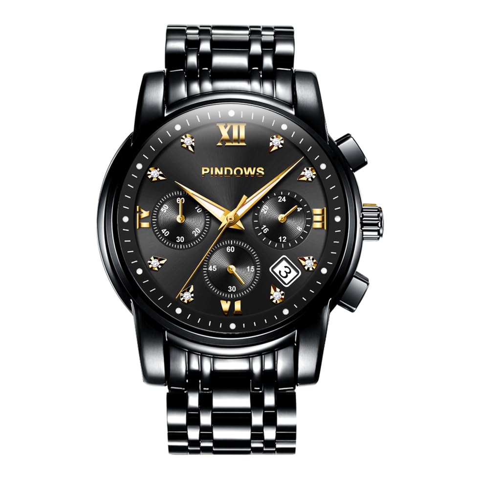 PINDOWS Herrenuhren Luxus Quarz-Analoguhr Datumsanzeige und großem Ziffernblatt wasserdichte modische Business-Armbanduhr Elegante zweifarbige Edelstahl-Klassiker-Herrenuhr mit beleuchtetem Kalender