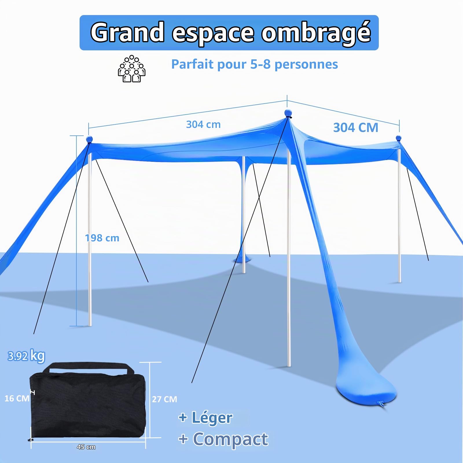 Tente de plage, voile d'ombre plage, 3 x 3 m, SPF 50+, piquets de sable inclus, barres de stabilité, protection vent et soleil, extérieur, camping
