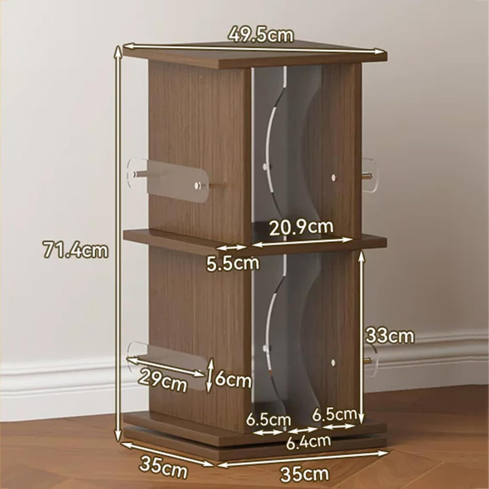 Porta Dischi in Vinile Girevole, Torre Porta CD Girevole a 2 Livelli in Legno, Rotazione Fluida a 360°, Ripiani in Acrilico Regolabili, capacità 25-56 CD, per Libri, Riviste, Dvd