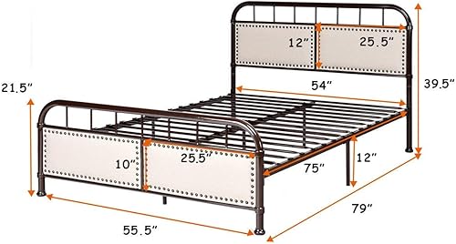 Miniatura 2 de Giantex Base de cama de metal, plataforma de cama de tamaño matrimonial con cómoda cabecera tapizada y estribo, soporte de listones antideslizantes,