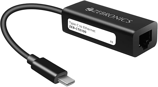 Zebronics Zeb-CTE100 Type C to RJ45 Ethernet LAN Adapter, Up to 1000 Mbps, for Windows/Mac/Linux (Black)