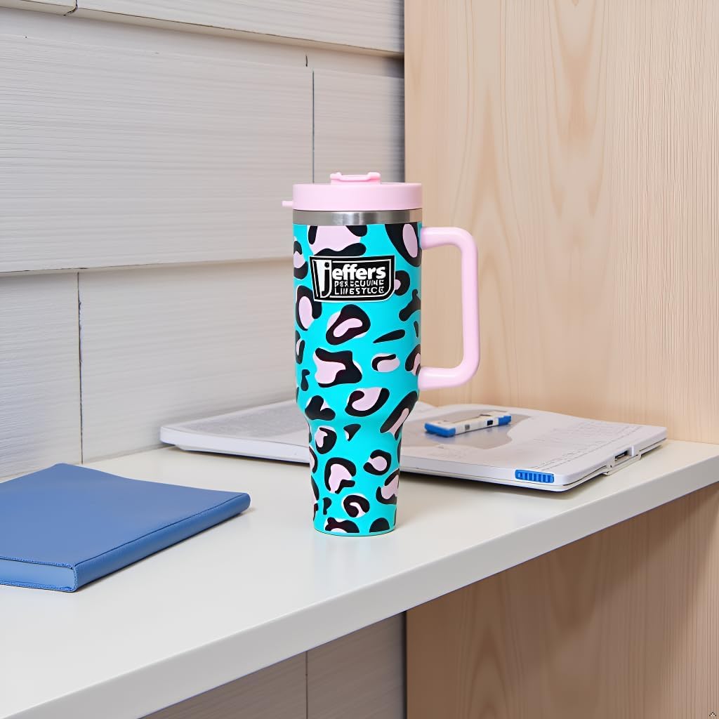 Jeffers Expression 40 oz Stainless Steel Tumbler with Lid & Straw, Party Cheetah– Double Wall Insulated Travel Cup for Hot & Cold Drinks – Spill Resistant Handle Mug for Coffee, Tea, Water, Smoothies
