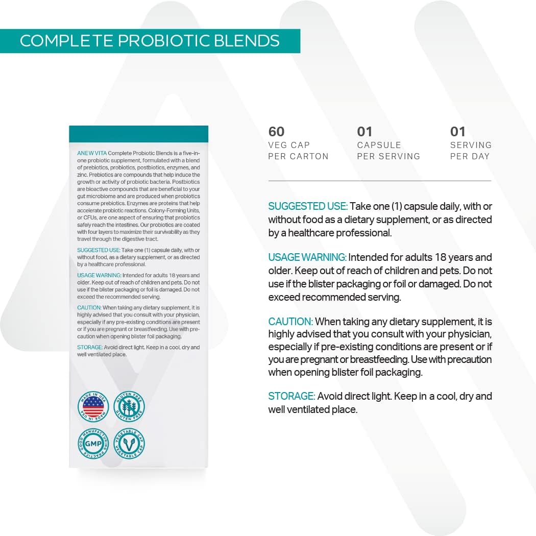 Anew Vita Complete Probiotic Blends | 5 in 1 Prebiotic, Probiotic, Postbiotic, Enzymes, Zinc | Quadruple Coated Probiotics | 20 Billion CFU per Veggie Capsule | 60 Veggie Capsules