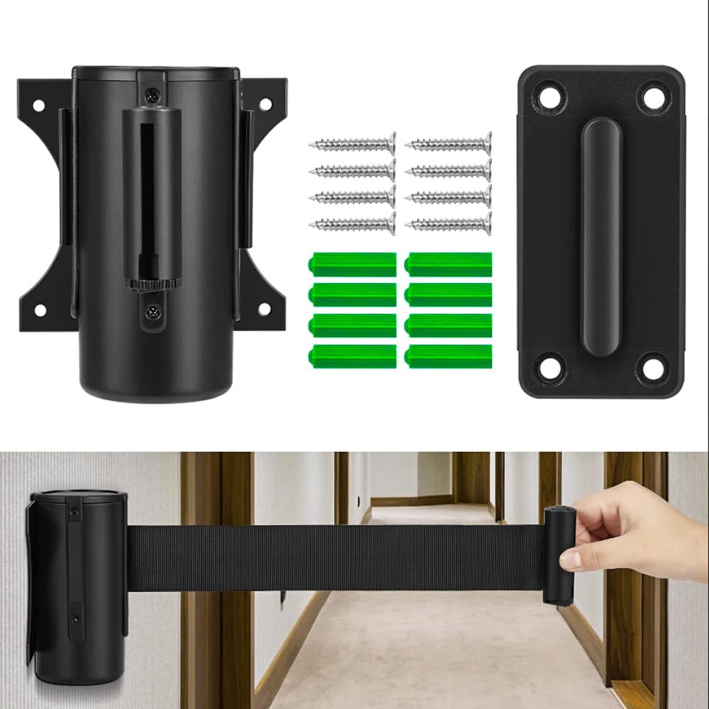 Berry5Meter Queue Barrier Belt - Black | Wall-Mounted Retractable Belt Barrier | Security Crowd Control Tape for Door Entrances & Events | Safety Barrier with Screw Fixing Installation