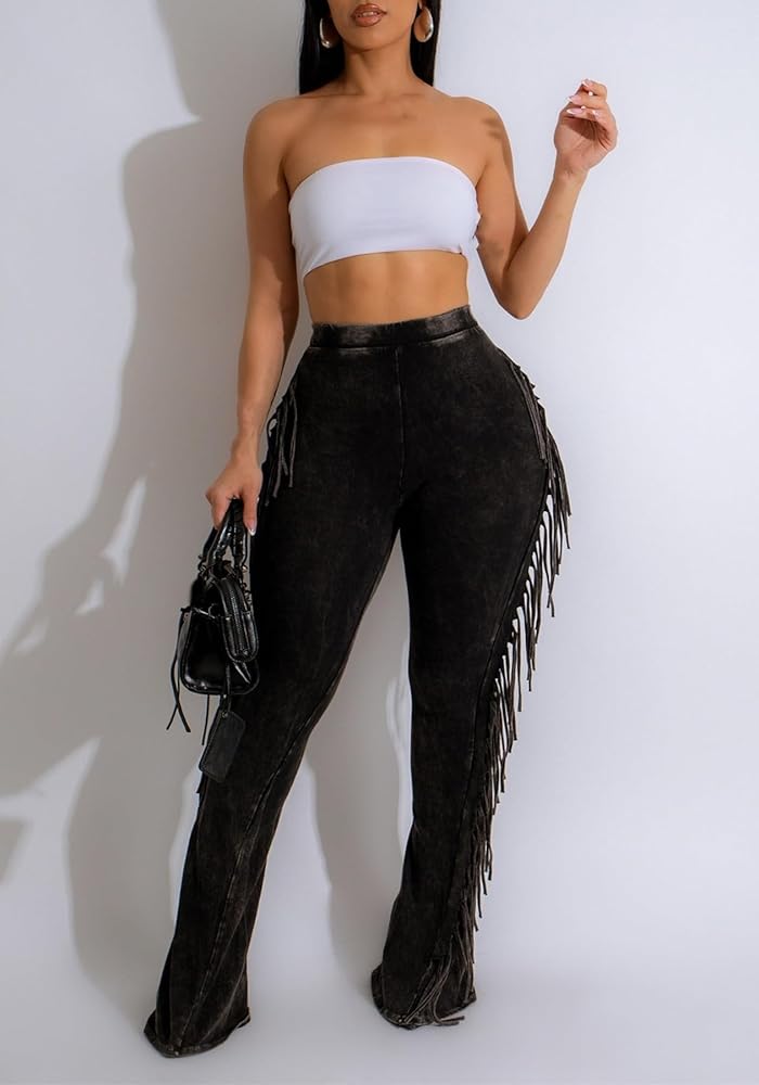 Unybwonn Fringe Pants Women High Waist Side Tassel Funky