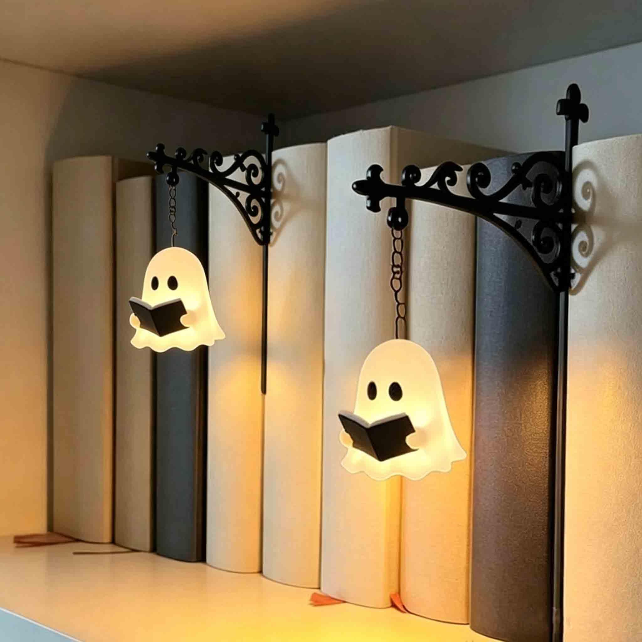 Ghost Bookshelf Lantern, Mini Gothic Bookshelf Decor, Library Lantern Bookshelf Lamp with Warm Nightlight, Portable Reading LED Lamp, Spooky Halloween Ornament for Shelf & Indoor Tabletop Decor、2Pcs-A