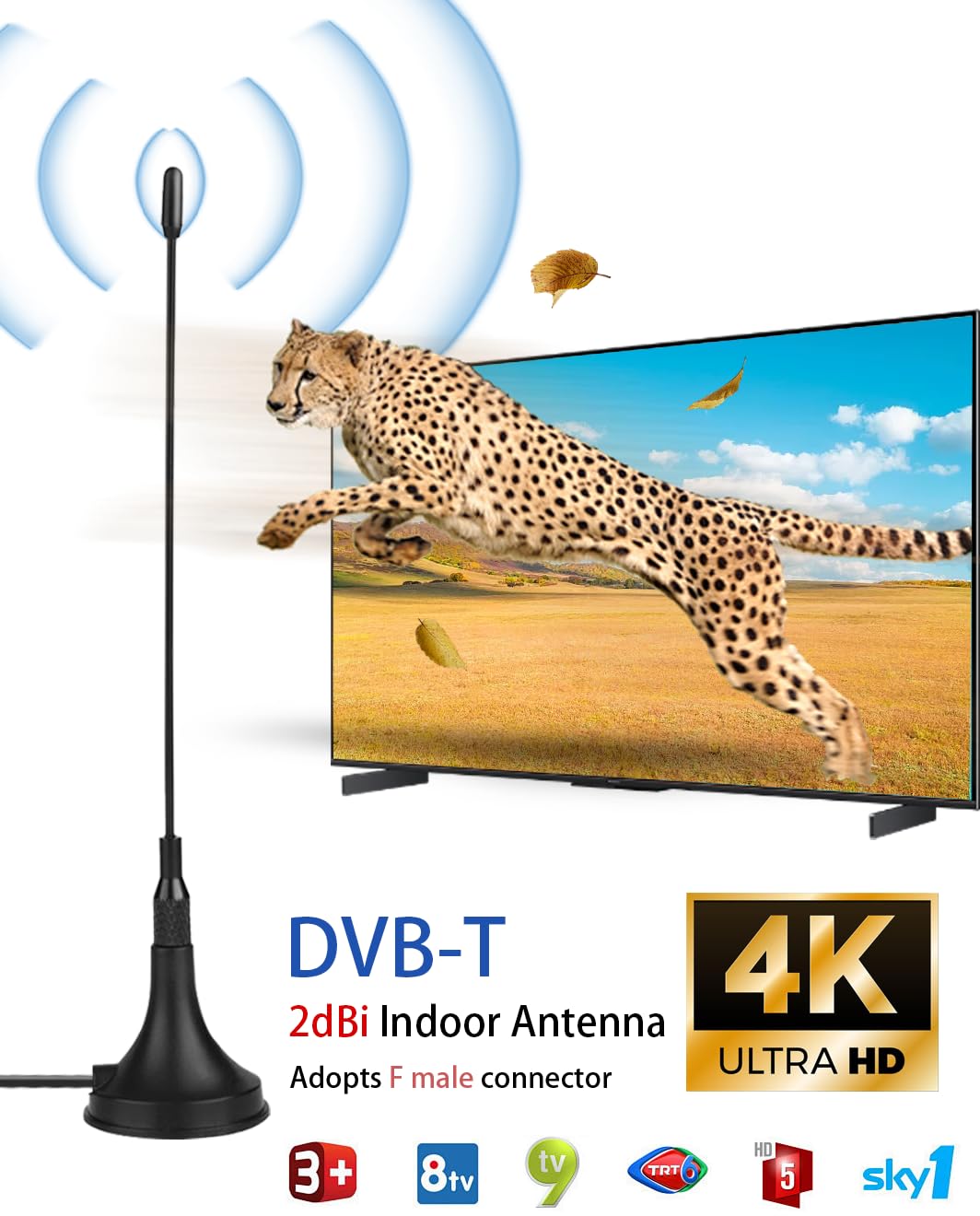 Vecys Mini DVB-T Antenne Intérieur 2 dBi avec Base Magnétique Antenne TV Intérieure Amplifiée 50 Miles RG174 Câble Coaxial de 3m/9.84ft pour Appareils DVD DVB-T