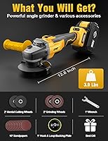 Vista 6 de Amoladora angular sin escobillas, para batería DEWALT de 20V, amoladora angular pequeña inalámbrica de 4-1/2" con mango auxiliar, 10 lijas, 2 discos