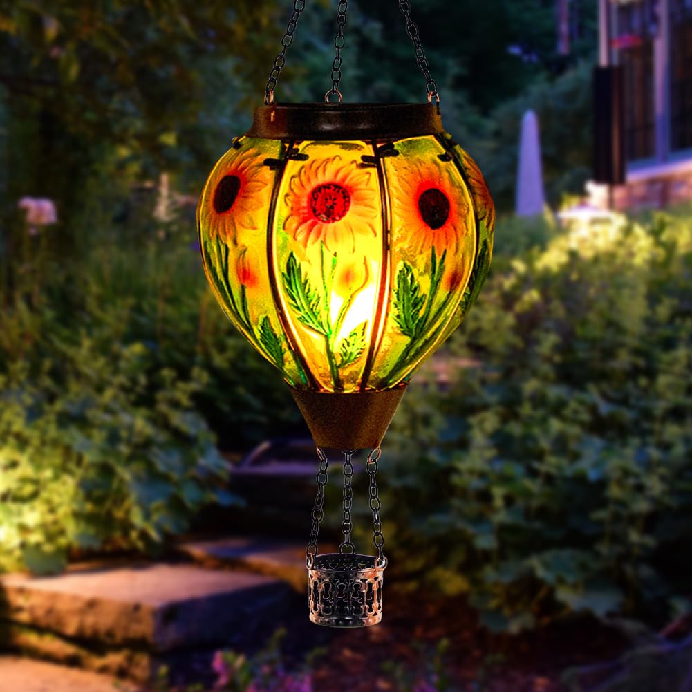 Starsoul 2 pz girasoli mongolfiera lanterna solare con fiamma vetro appeso all'aperto mongolfiera luce solare impermeabile giardino patio cortile decorazioni per feste