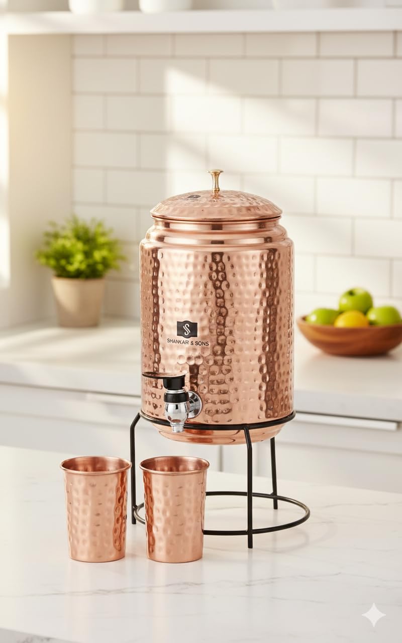 SHANKAR & SONS 5 Litre Copper Water Dispenser with Stand and 2 Glasses | BPA Free, Non-Toxic | Hammered Texture, Rustproof & Durable | with Added Health Benefits of Copper