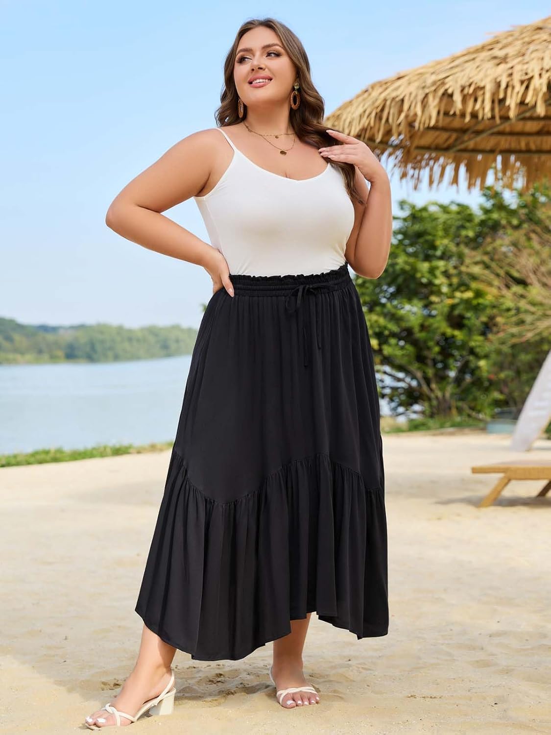 Moon Wood Women's Plus Size Maxi Skirt High Waisted Ruffle A-Line Renaissance Asymmetric Skirts with Pockets for Beach Travel - Image 4