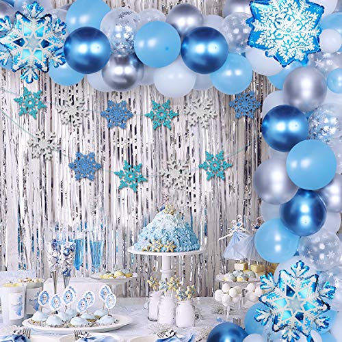 Frozen Themed Birthday Party Supplies Snowflake Balloon Garland Arch Kit Blue and Sliver 90 Pack Balloons and Garland for Winter Onederland 1st Birthday Party Baby Shower Decorations