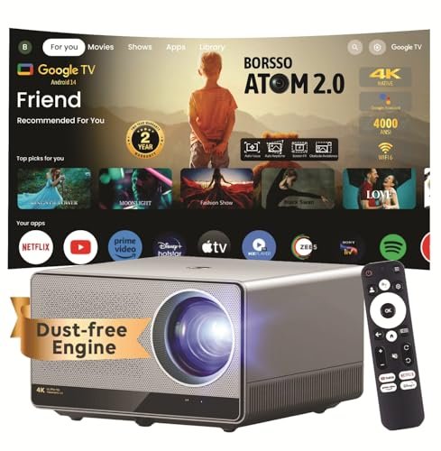 Image of BORSSO Atom 2.0, Native 4K 2160p LTPS+ Display, 4000 ANSI, Certified GTV (Android 14) Projector 4K Ultra HD, Closed Engine, Fully Automatic, HDR10, HLG, MEMC, 24W Stereo DSP Speakers, WiFi 6, 5.2 BT,