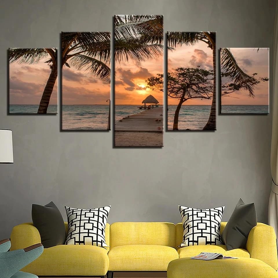 Grand tableau decoration murale salon premium, toile ocean et nuage avec cadre en bois