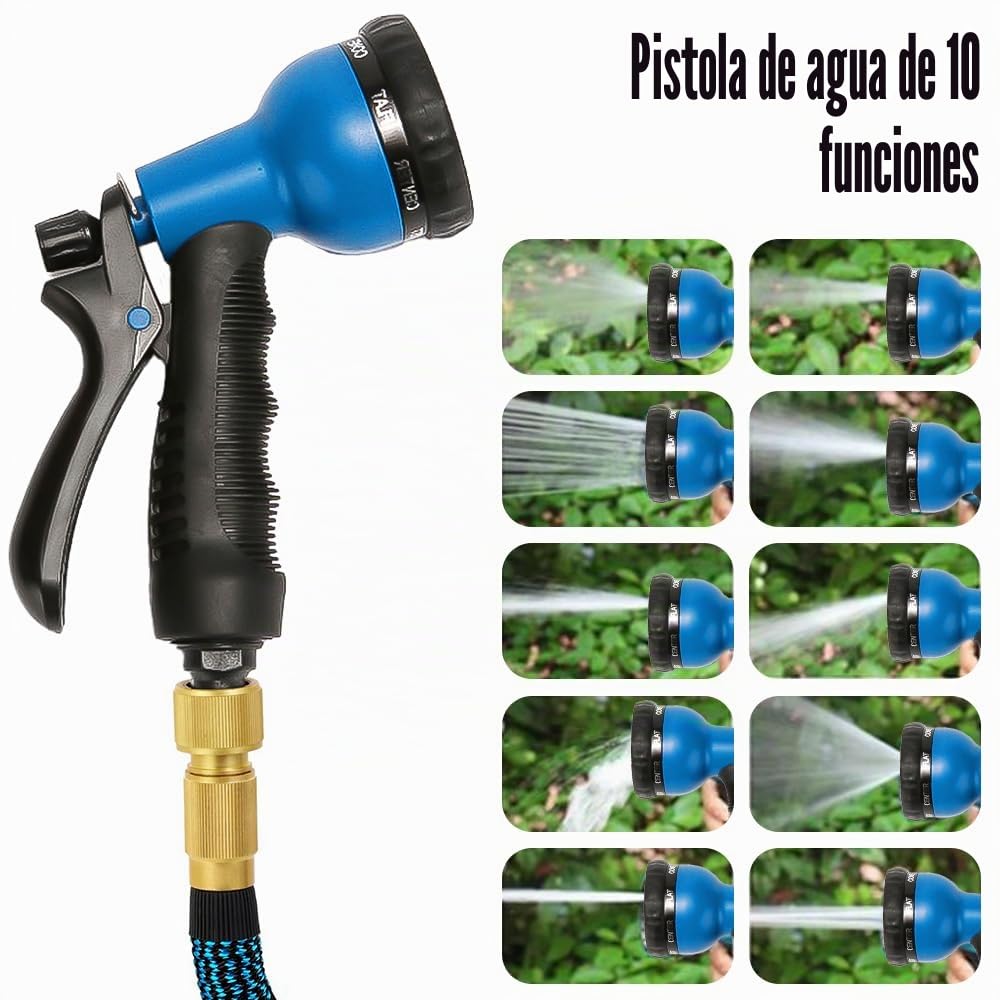 Manguera de jardín flexible de 15 m / 50 pies, manguera de agua flexible con conexiones de latón macizo de 3/4 pulgadas y 1/2 pulgadas, manguera flexible ligera con 10 modos para exteriores