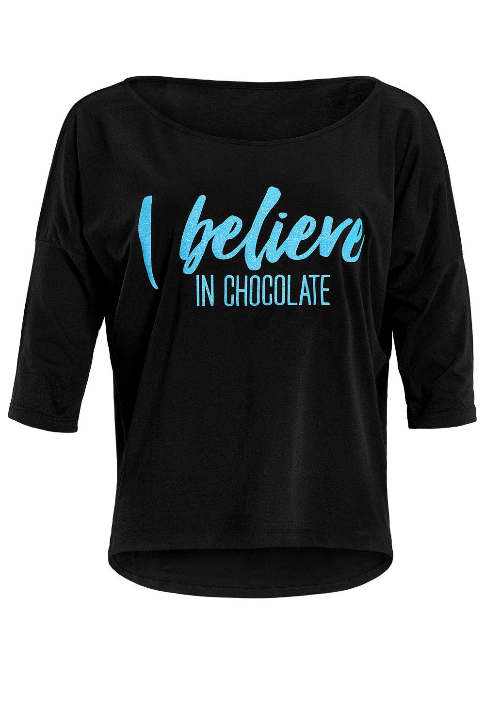 Winshape Women's Damen Ultra leichtes Modal-3/4-Arm Shirt MCS001 mit neon blauem „I Believe in Chocolate” Glitzer-Aufdruck Yoga Shirt, Schwarz-Neon-Blau-Glitzer, S
