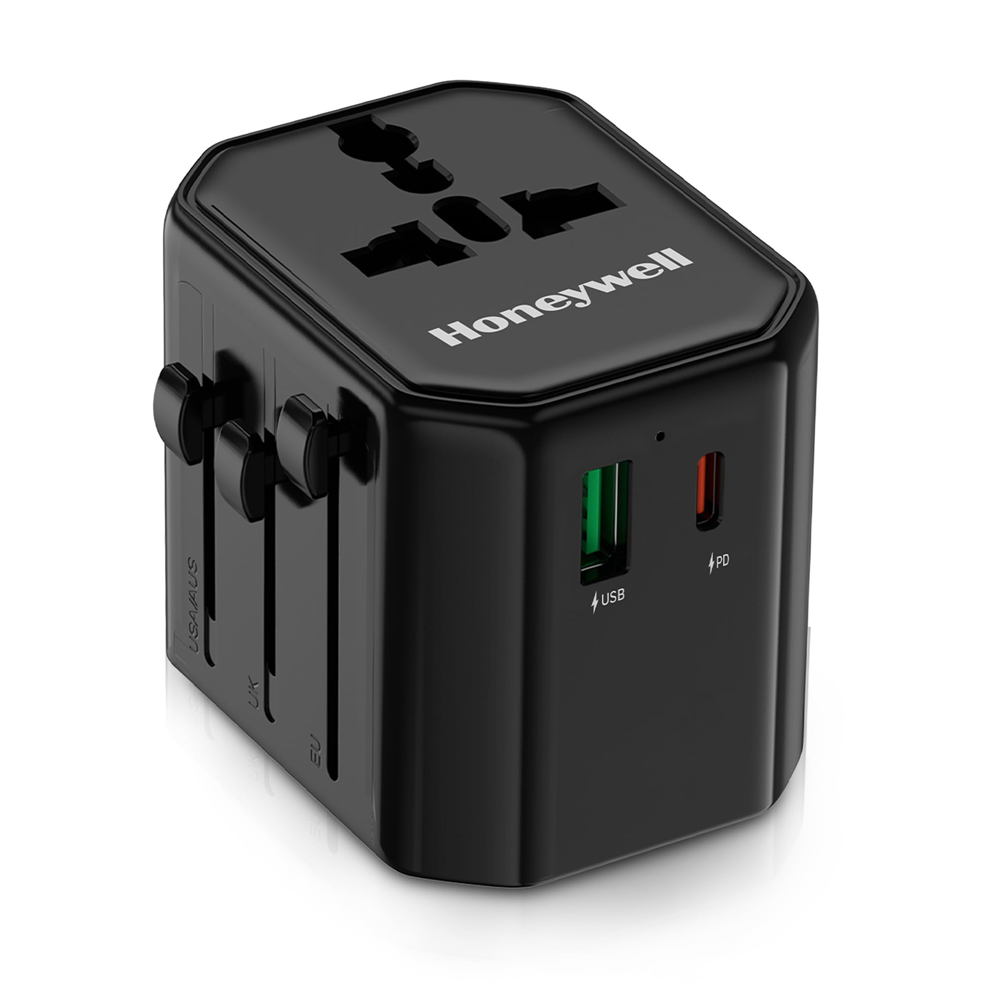 Honeywell Universal Travel Adapter 12W, 3-in-1 Fast Charging, Universal Socket, TypeC, USBA, Worldwide Wall Charger for EU,US,UK & CN/AUS, Devices, 3Yr Manufacturer