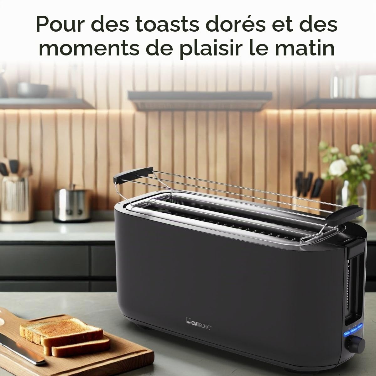 Grille-pain 4 tranches Clatronic | avec support pour petits pains | Grille-pain | Grille-pain à fentes longues | pour petits pains grillés et gaufres prêtes à consommer | TA 3802 noir