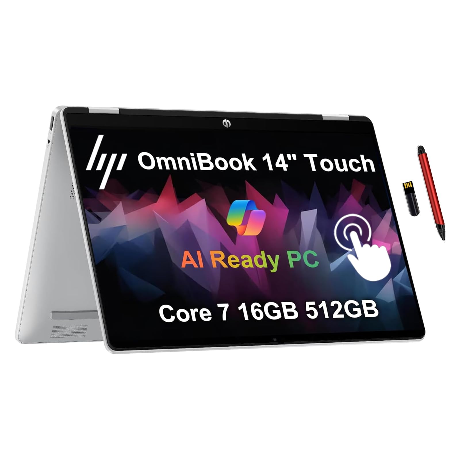 HP OmniBook 5 Flip 2-in-1 14" 2K Touchscreen Laptop, Intel 10-Core 7 150U, 16GB LPDDR5 RAM, 512GB SSD, Intel Graphics, Copilot, Backlit Keyboard,