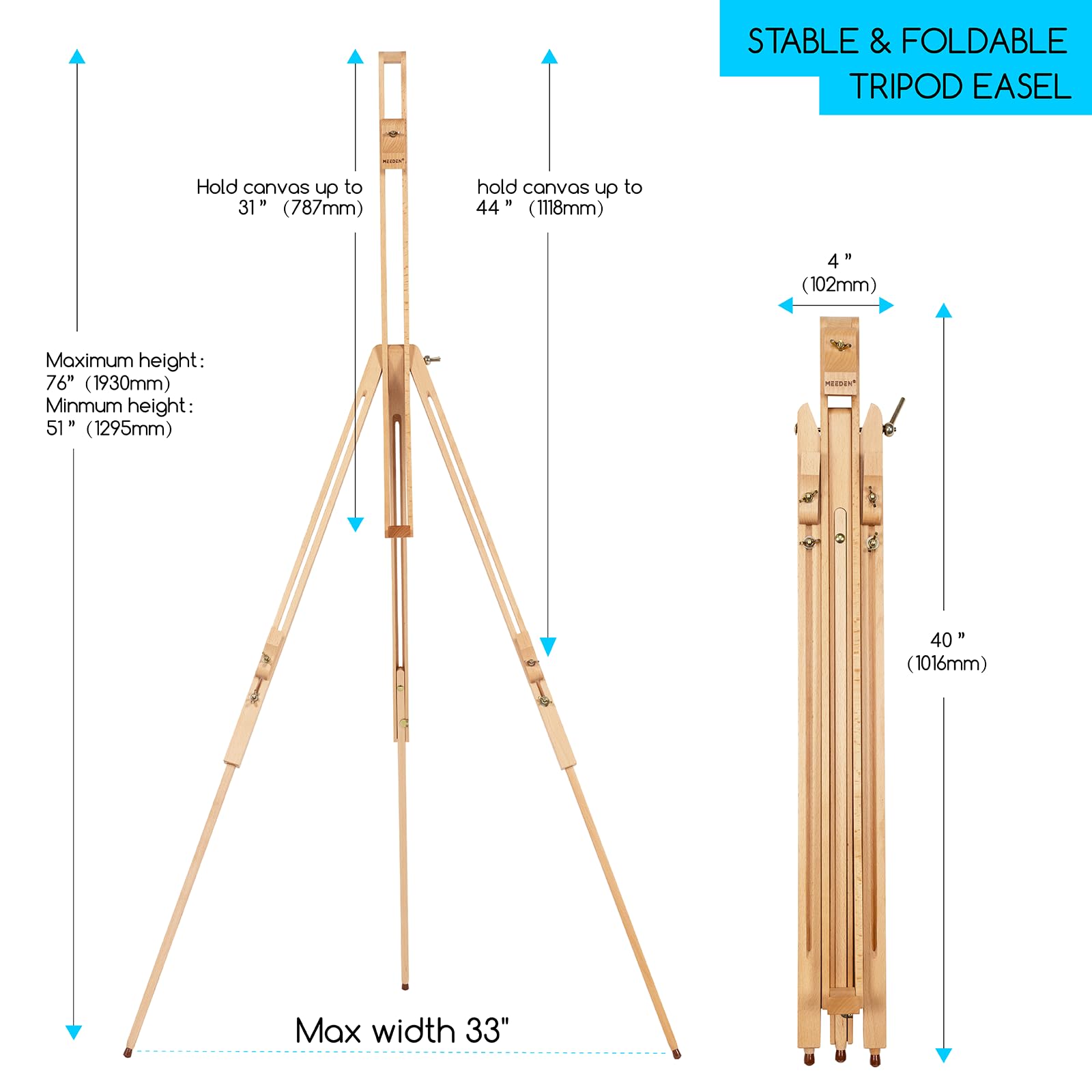 MEEDEN Caballete de trípode universal de madera de haya maciza Caballete de artista de pintura portátil, perfecto para pintores estudiantes, paisajistas, sostiene lienzos de hasta 34 "