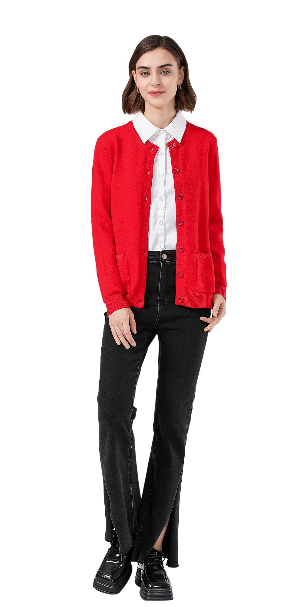 SMILING PINKERWomen's Cardigan Long Sleeve Cardigan Warm Crew Neck Knitted Vest Jacket with Button Placket and Pockets