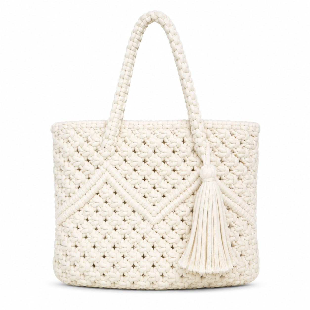 ™ Creation Handmade Cotton Macrame Tote Bag with Zipper & Lining | Eco-Friendly Small Shoulder Handbag for Women & Girls | Made in India | Unique Gift Under 300 | Off-White,1- Piece