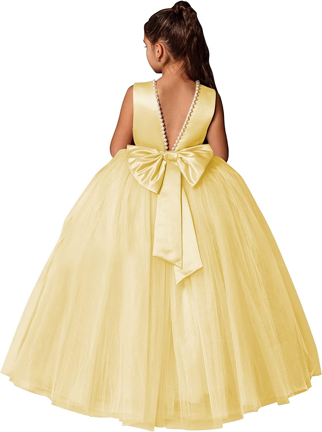 Fuomomo Satin Tulle Flower Girl Dress Pageant Party Prom Formal Ball Gown Princess Puffy Tulle Dresses with Bow Yellow