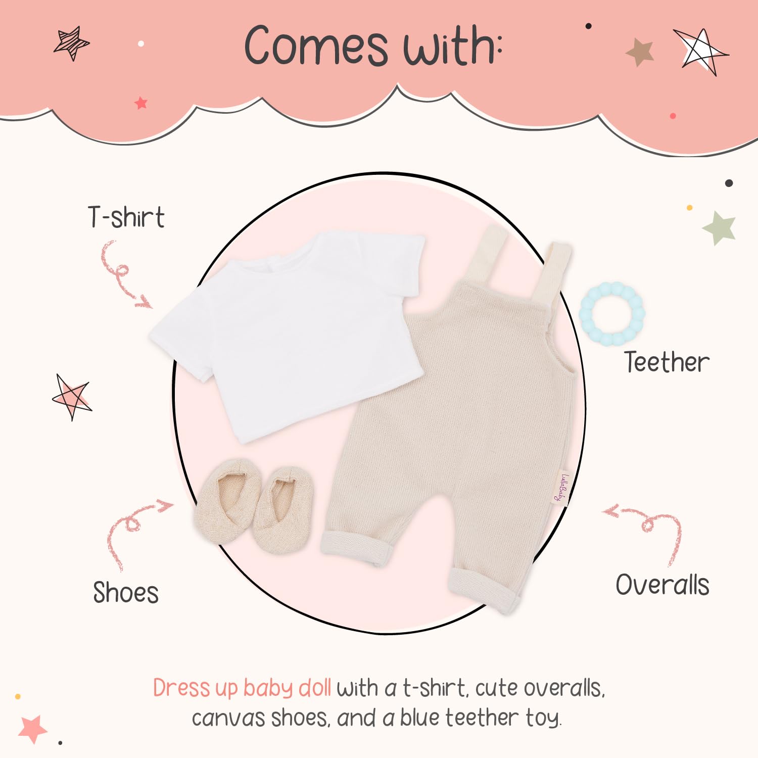 LullaBaby Ubranie dla lalek 36 cm dla lalek niemowlęcych – jednoczęściowy, top, buty i gryzak – akcesoria dla lalek – akcesoria dla lalek – zabawka dla dzieci od 2 lat – beżowa