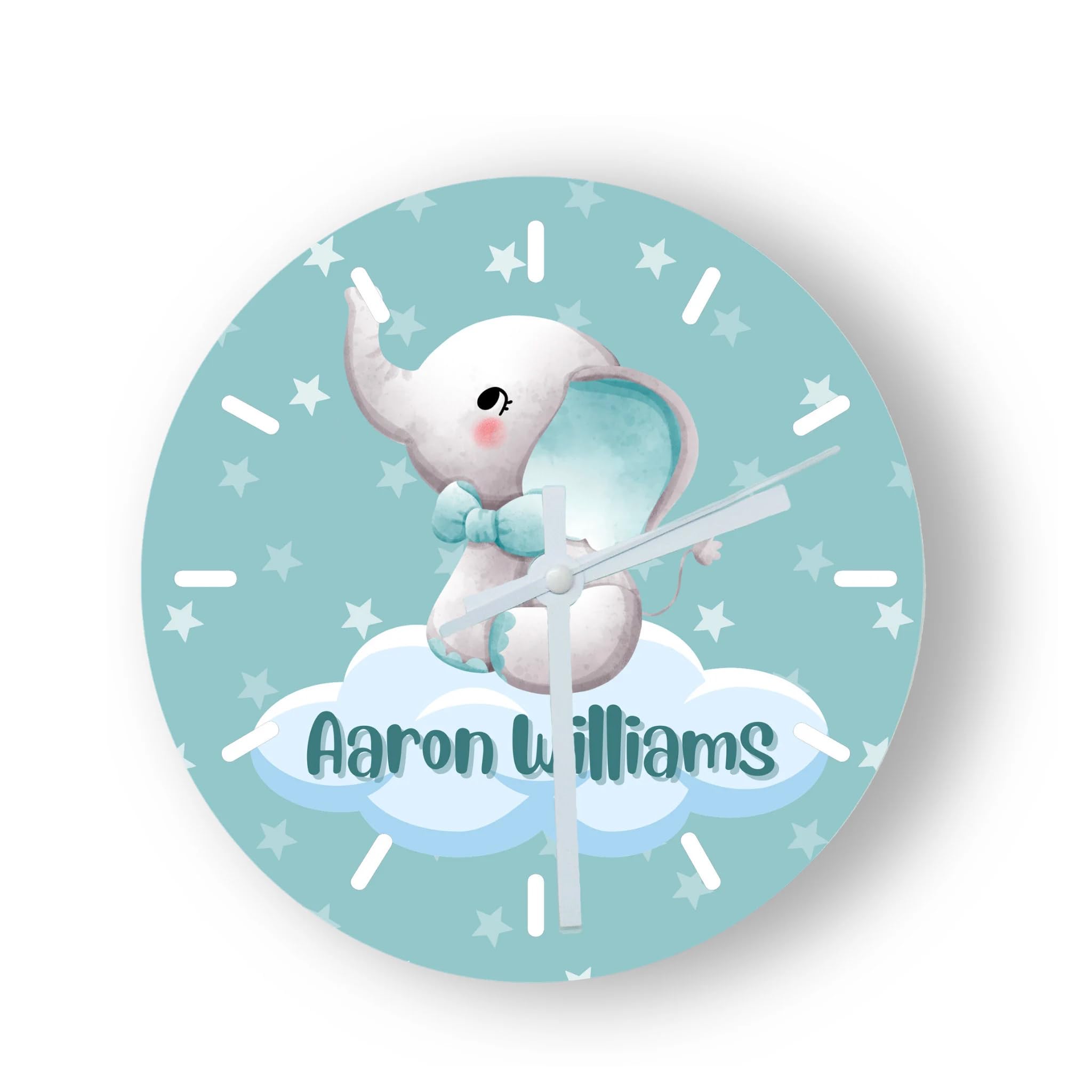 Thedogtagco Light Green Personalised Glass Clock, Baby Elephant Design, Analogue Clock, Keepsake/Memento For Newborn, Nursery Clock