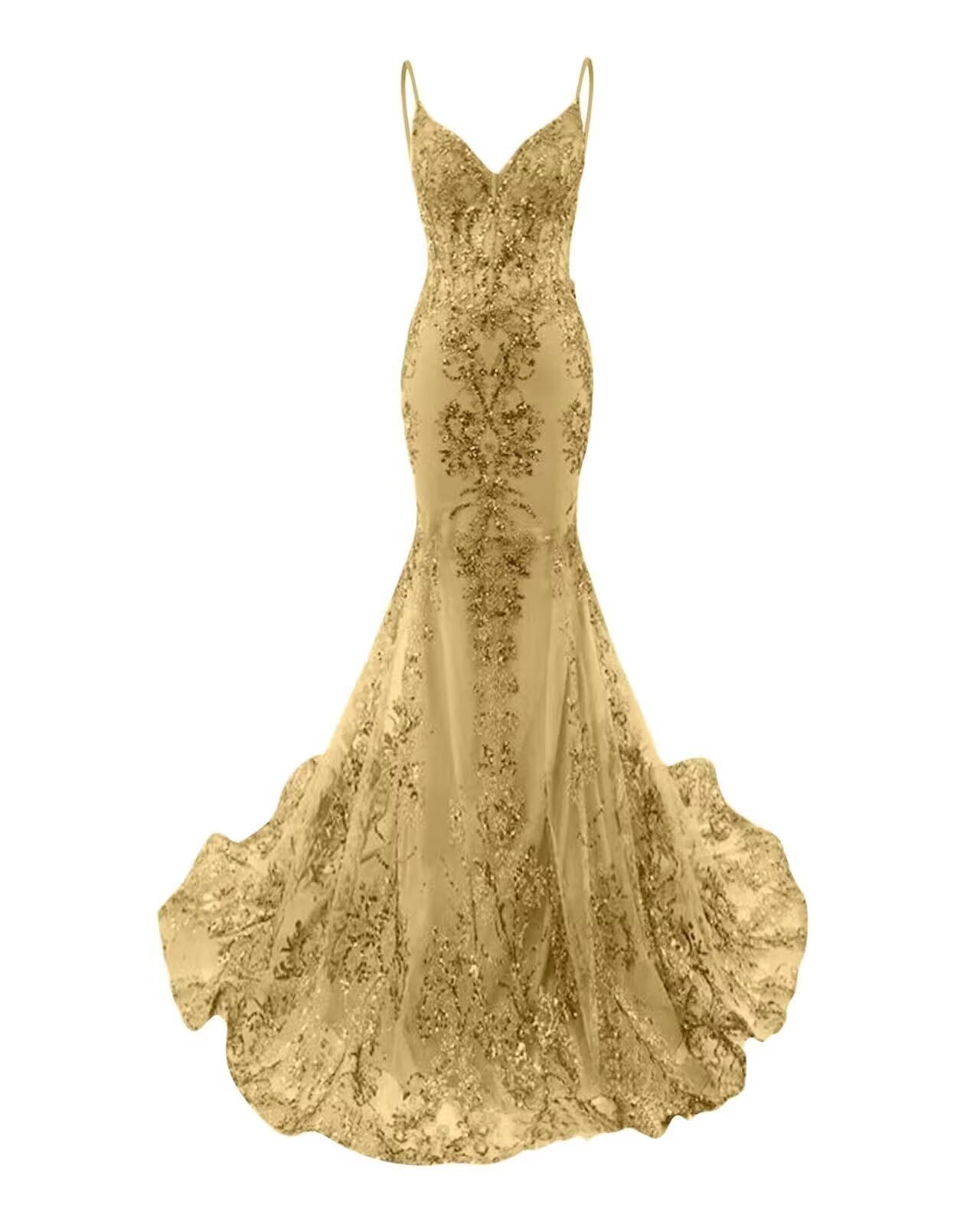 RYANTH Sparkly Sequin Mermaid Prom Dresses for Women 2025 Lace Applique V Neck Corset Formal Evening Dress with Train RDX-P36