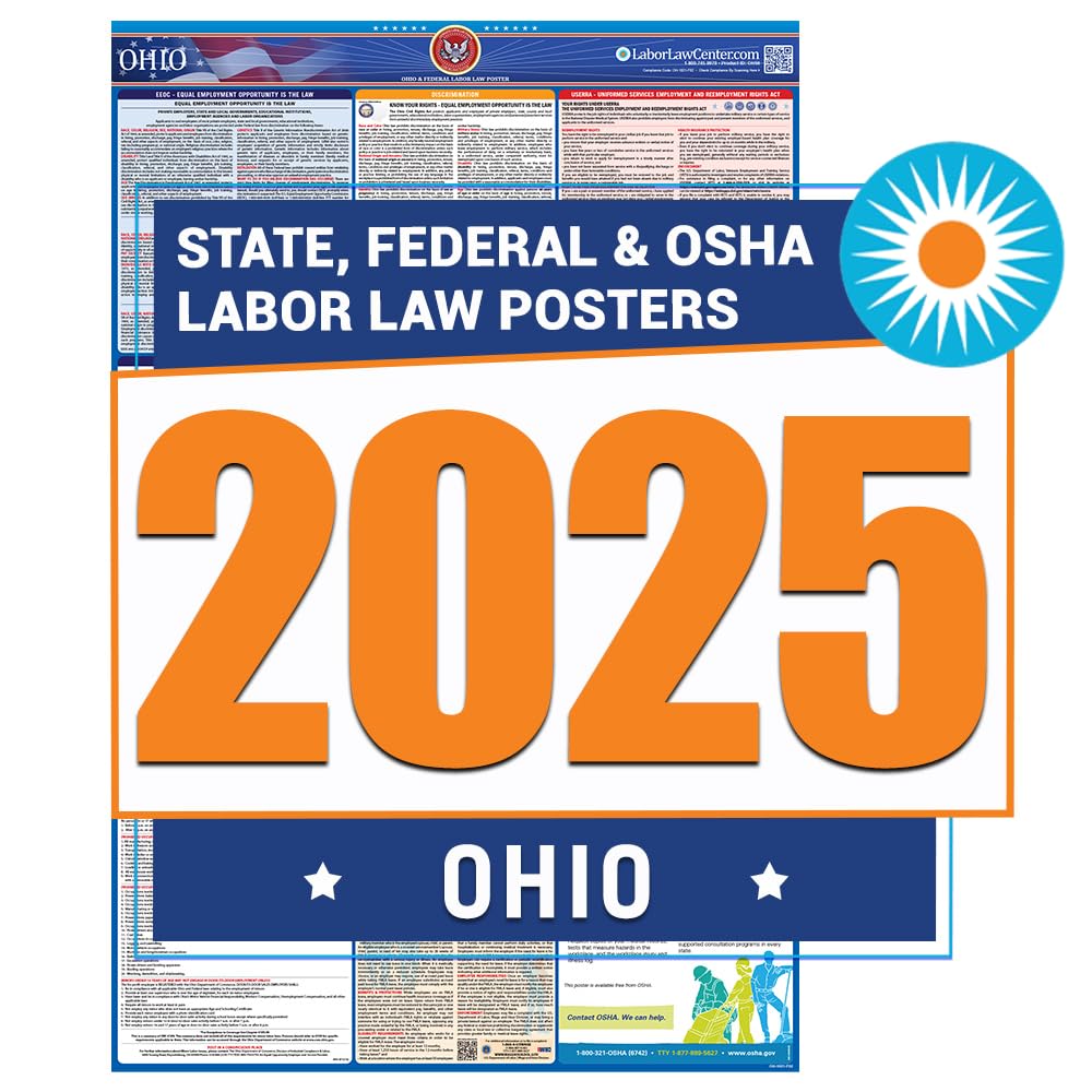 2025 Ohio Labor Law Poster- State, Federal, OSHA Compliant- Workplace Required Posting for Employees- English Employment Poster- UV Laminated Waterproof- 26