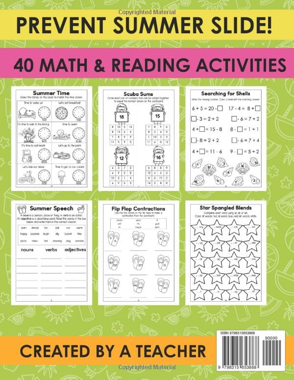 Image of Summer Workbook for 2nd Grade: Summer Before Second Grade School Workbook: Bridging First Grade to Second Grade for Kids Ages 6 - 7 with 40 Math and ... Math, Addition, Subtraction, and Time