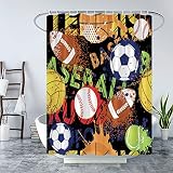 WZFashion Sport Shower Curtain for Boys Teens Watercolor Basketball Football Baseball Hockey Star Cr
