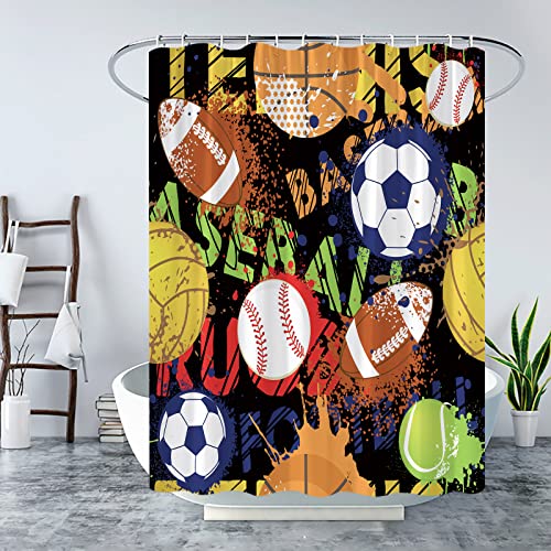 Wzfashion Sport Shower Curtain For Boys Teens Watercolor Basketball Football Baseball Hockey Star Creative Grunge Design Black Game Set Bath Curtain Decor Fabric 70X70 Inch With Hooks #TOP8