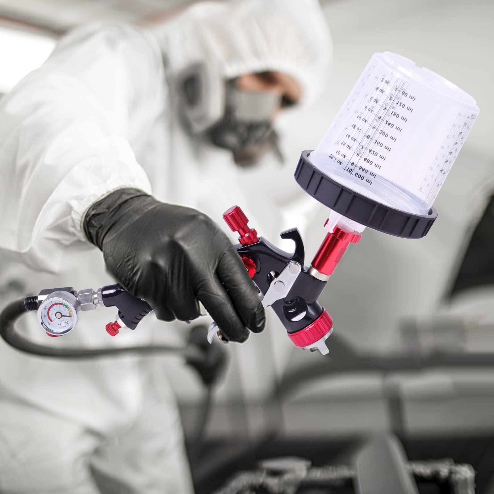 Pistola a Spruzzo Professionale con Bicchiere Miscelatore Rapido, Kit di Pistola a Spruzzo per Verniciare da 1,3MM, Pennelli per Pulizia, Regolatore di Pressione per la Pittura dell'Auto