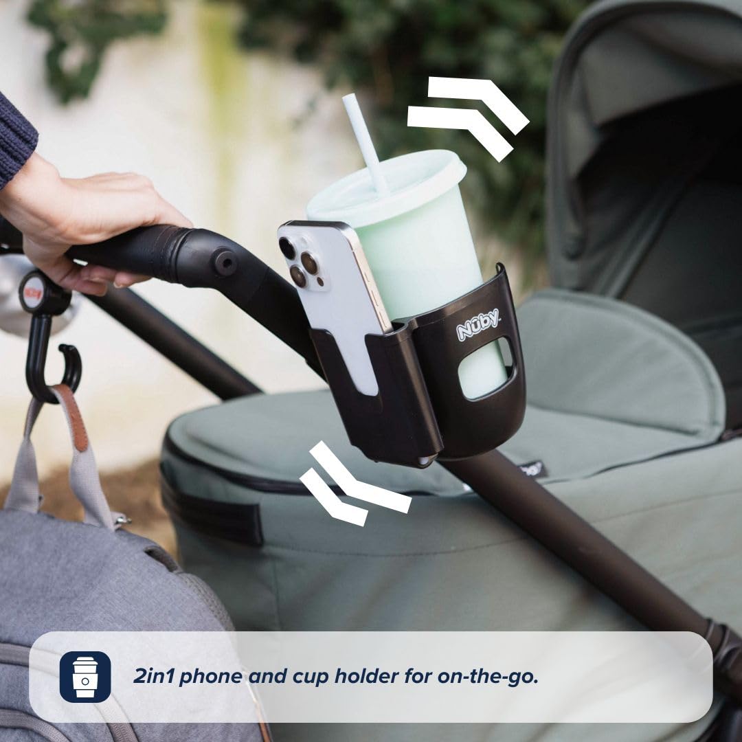 Nuby Porta cellulare e portabicchieri, universale, fissaggio sicuro, rotazione a 360°, posizione regolabile
