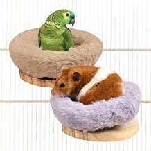 2Pcs Bird Perch Stand Platform Plush Parrot Hanging Hammock Warm Bird Nest Snuggle Hut Birds Sleeping Bed Wood Perch for Parrot,Budgies,Parakeet,Cockatiels,Conure,Lovebirds-Purple&Brown
